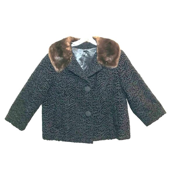 Vintage Black Persian Lamb Cropped Fur Jacket Mink Collar Womens 12 - Picture 1 of 15